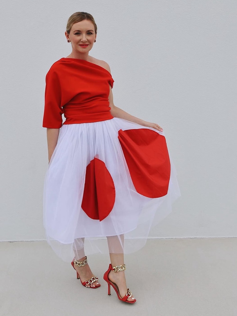 MiMoto Japan White Tulle Midi Skirt Red Circle Art Design S
